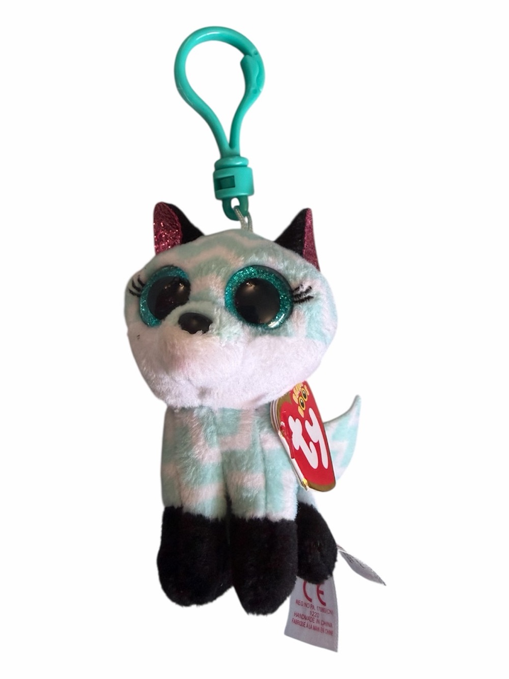 Ty Atlas Teal, White & Black Plush Cat Keychain